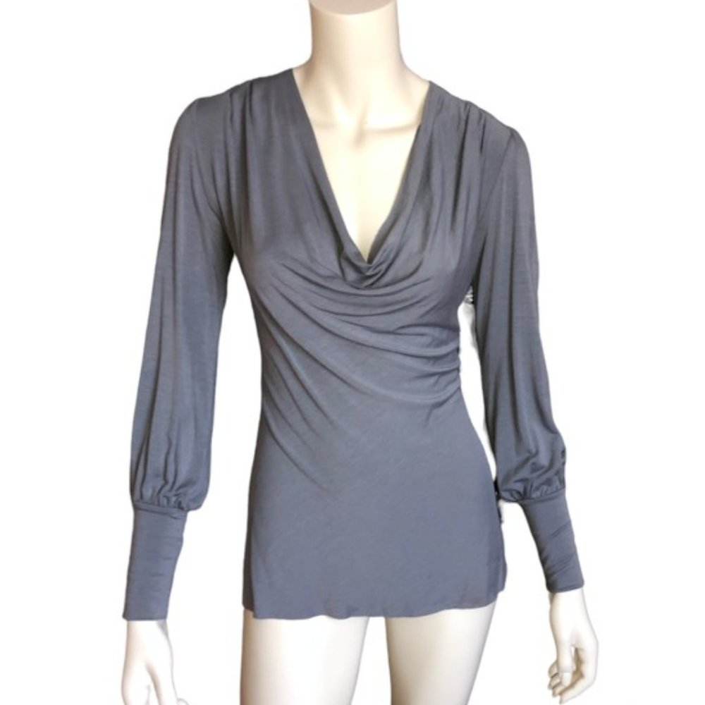 Akiko Gray Drape Neck Long Sleeve Top with Extra Long Cuffs | Size S